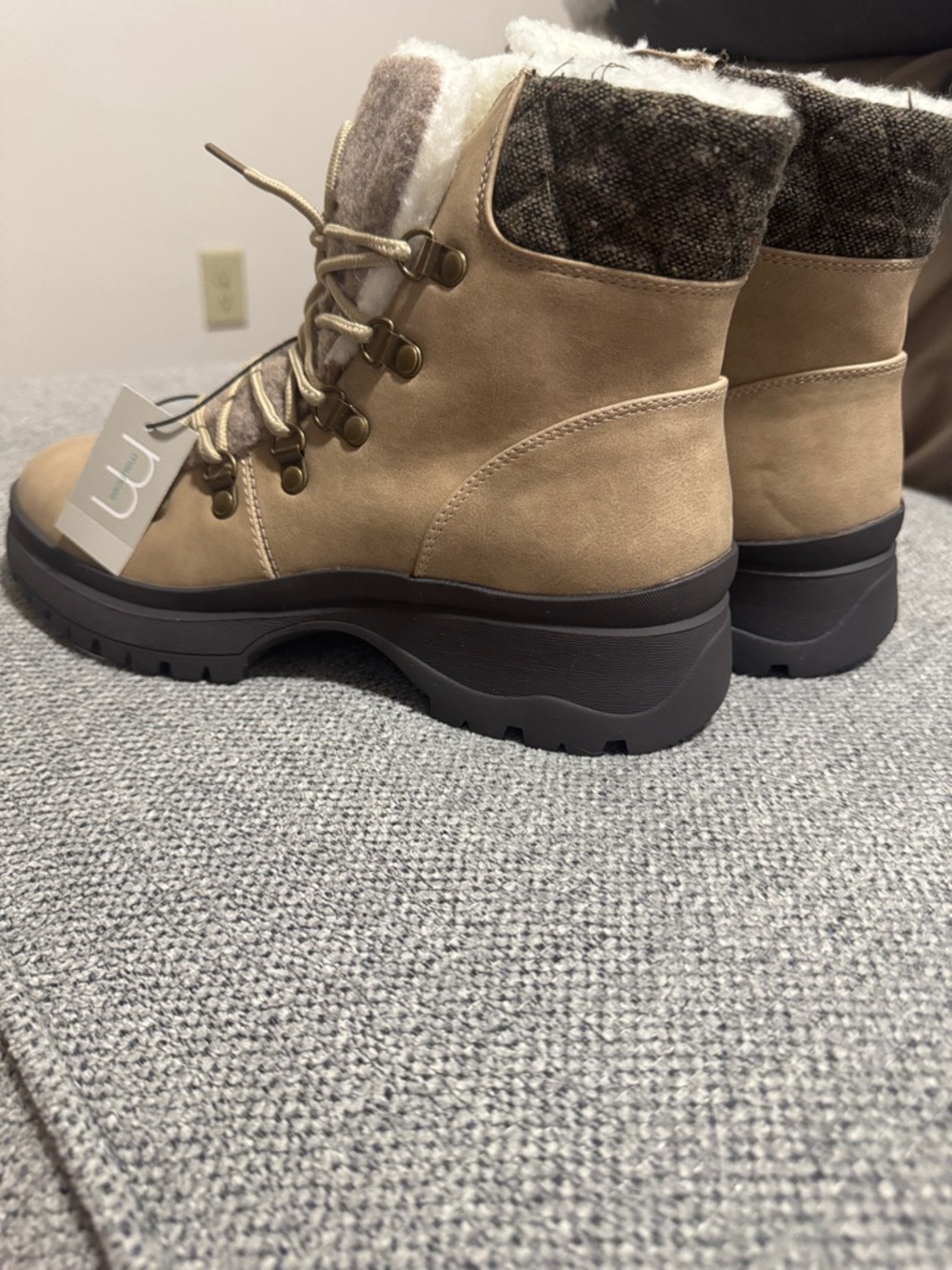 Maurices Taupe Lace-Up Faux Shearling Hiker Boots